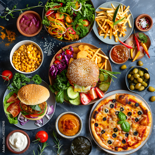 Savoury Collection of Vegan Delicacies – Salad, Burger, Soup, Spaghetti, and Pizza