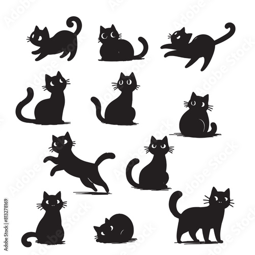 set of black cats silhouettes on white	