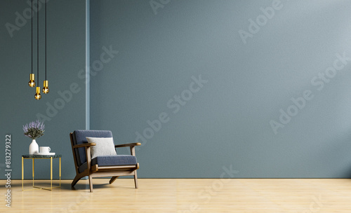 Modern wooden living room has an blue armchair on empty dark green wall background- 3D rendering photo