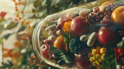A detailed shot capturing the contents of a capsule filled with an assortment of fruits, vegetables, nuts, and beans, emphasizing the fusion of nature's bounty in a single supplement