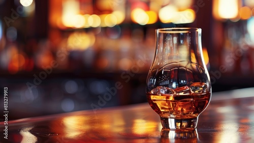 Glass of whiskey on bar counter with blurred background