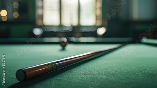 Close-up of cue stick on pool table with balls and blurred background