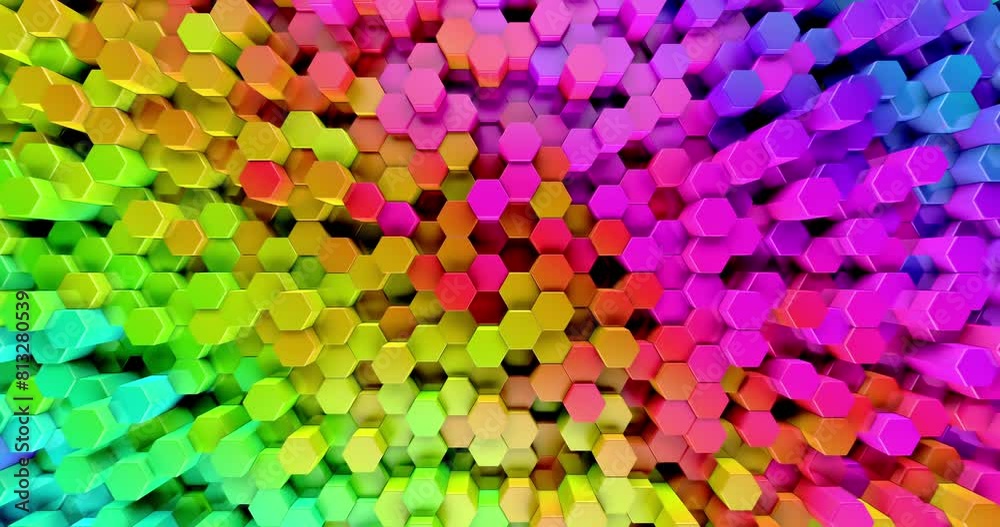 Rainbow of hexagonal shapes with slow random movement. Bright and colorful geometric tech wallpaper or background mosaic. 3d render. Rainbow of hexagonal shapes with slow random movement. Bright and colorful geometric tech wallpaper or background mosaic. 3d render.