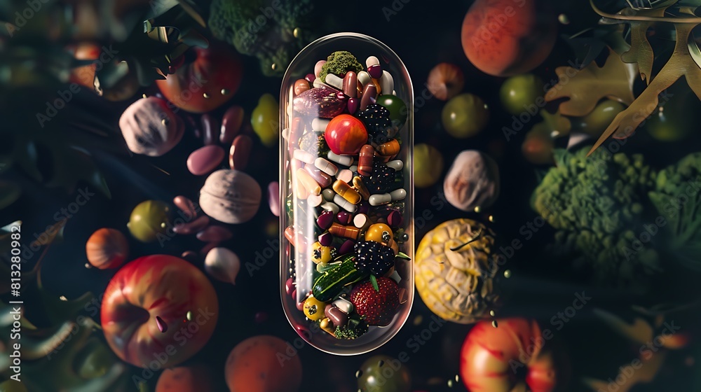 A high-definition photograph highlighting a translucent pill brimming with a diverse array of fruits, vegetables, nuts, and beans, embodying the concept of holistic wellness in a compact form