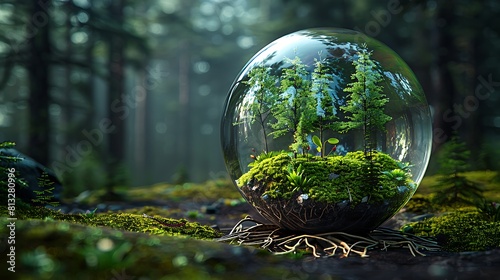 Green tropical tree in the glass ball on the ground in forest environment concept