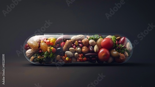 A high-definition photograph showcasing a translucent pill filled with a colorful blend of fruits, vegetables, nuts, and beans, symbolizing a holistic approach to nutritional supplementation
