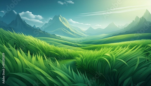 Grass that is green with a clear sky. 