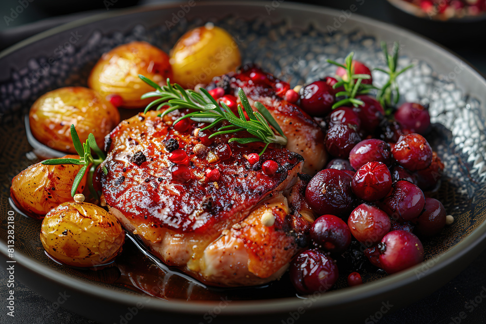 A plate of food with meat, potatoes, and berries A plate of food with meat, potatoes, and berries