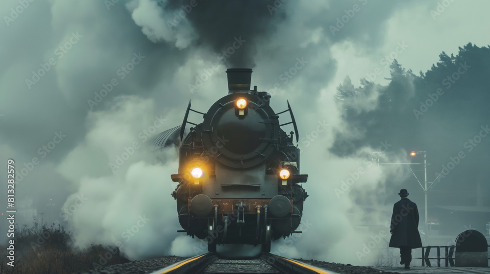 Vintage steam locomotive arriving at a foggy train station at dusk ...