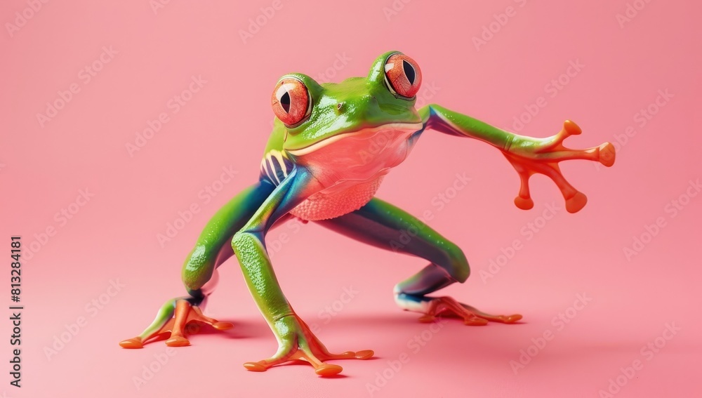 a photo of an active frog on a pink background
