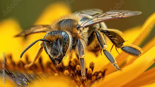 A close-up of a honey bee pollinating a flower. Generative AI