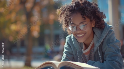 Inclusive image of a happy female african american pupil studying at school. University student studying and revising for exams. Diversity and ethnic minority representation at college. photo