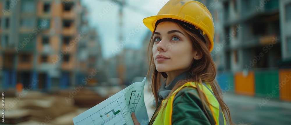 Jovem engenheira com sonhos se realizando, universitária em engenharia com capacete e colete Jovem engenheira com sonhos se realizando, universitária em engenharia com capacete e colete