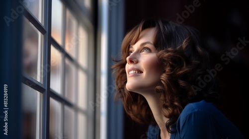 Mulher olhando pela janela como esperança por dias melhores e aguardando a volta de Jesus photo