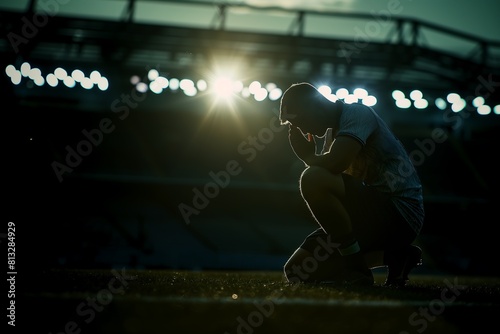 Jogador de futebol, atleta orando antes da partida no estádio photo