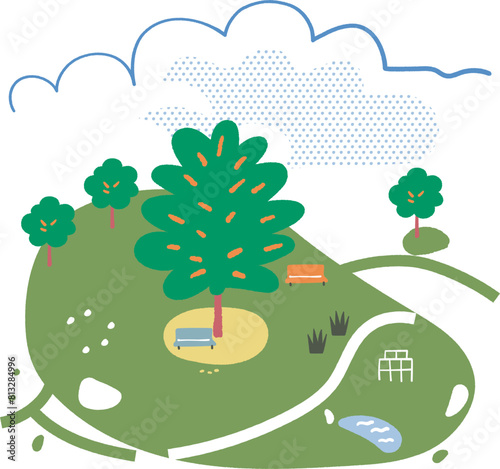 夏の暑い日の大きな木のある公園　イラスト素材
