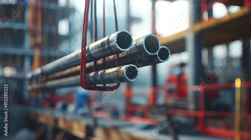 A photo of steel rolled bar and pipe being lifted by crane in construction site with blurred background, 3d rendering illustration. A photo of steel curled bar and peaple working at industrial buildin photo