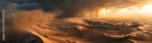 A dune sand storm in the desert, viewed from above with clouds and a thunderstorm over a village at sunset. Aerial photography of dunes, in the style of a real photo. photo