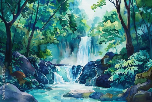 enchanting watercolor illustration depicting a serene waterfall cascading through lush forest