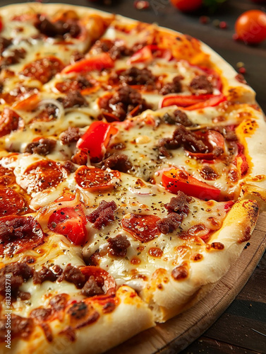 Photo of a slice of pizza , tasty pizza with mushrooms and tomatoes , toppings