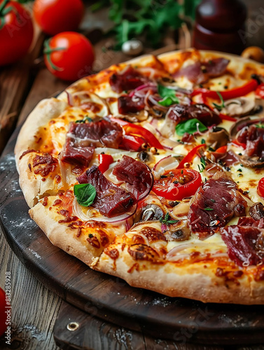 Photo of a slice of pizza , tasty pizza with mushrooms and tomatoes , toppings