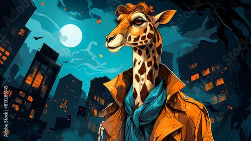 A chic giraffe struts in a designer trench coat  with a silk scarf fluttering in the wind.