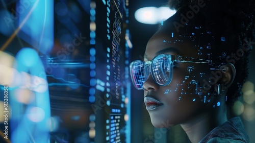 Augmented reality projections overlaying real-time data streams, as a skilled African American woman IT specialist evaluates security vulnerabilities.