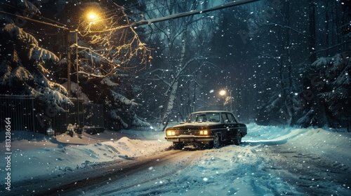 A car in a cold snowstorm.