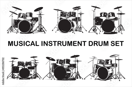 Classic Music drum kit set Silhouette Vector set. Drum silhouette vector Bundle isolated.