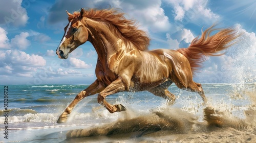 brown horse running on the beach
