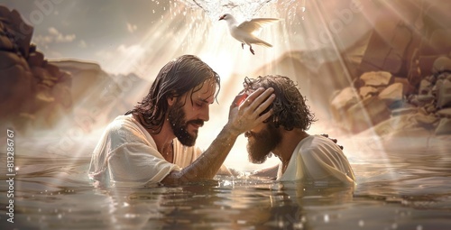 Holy ritual: baptism of Jesus - John the baptist administers the sacred rite in the Jordan river, symbolizing purification and divine commissioning. photo