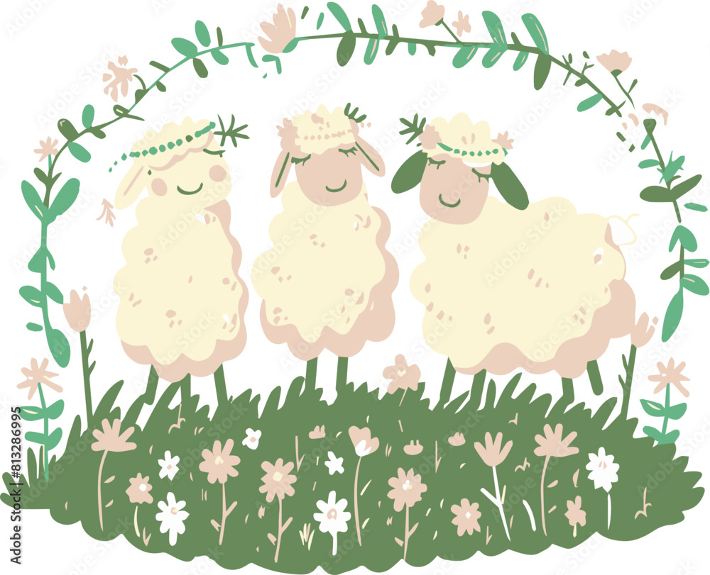 Fototapeta premium Three Happy Sheep in a Flower Garden, Cute Illustration of Sheep with Floral Crowns