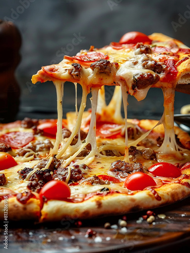 Photo of a slice of pizza , tasty pizza with mushrooms and tomatoes , toppings photo