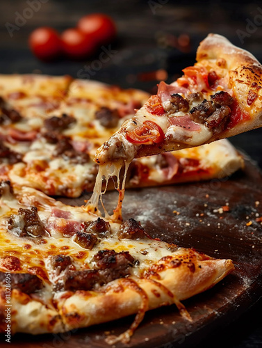 Photo of a slice of pizza , tasty pizza with mushrooms and tomatoes , toppings photo