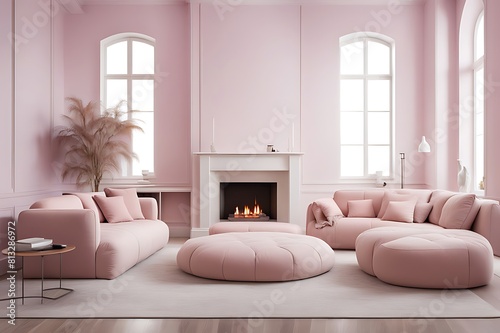  Sofa and pouf against wall with fireplace. Minimalist interior design of modern living room  home. 