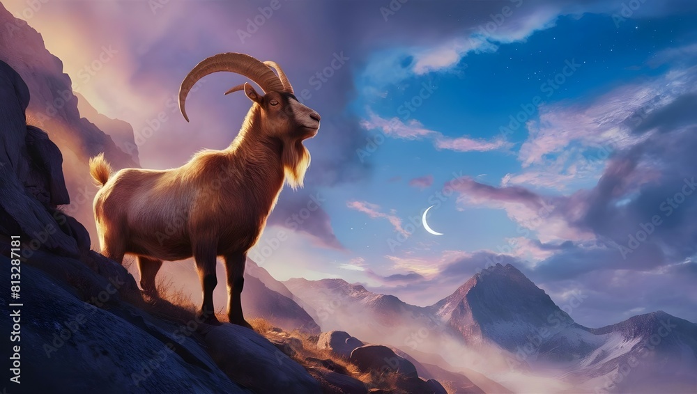 A Goat standing proudly on top of a rocky mountainside against a beautifully sky And crescent moon of Eid Mubarak, Eid al Adha Goat background with copy space to write eid quotes wishes A Goat standing proudly on top of a rocky mountainside against a beautifully sky And crescent moon of Eid Mubarak, Eid al Adha Goat background with copy space to write eid quotes wishes