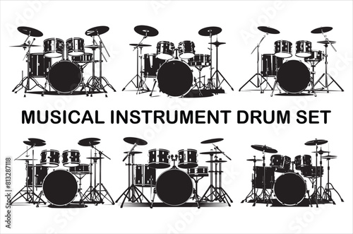 Classic Music drum kit set Silhouette Vector set. Drum silhouette vector Bundle isolated.