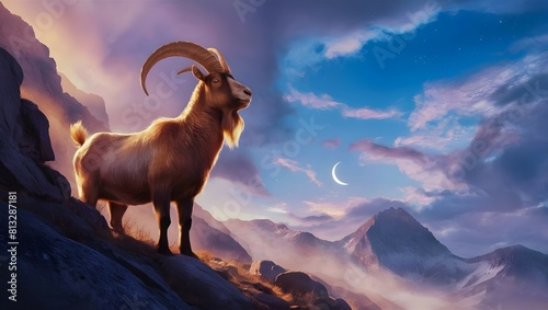 A Goat standing proudly on top of a rocky mountainside against a beautifully sky And crescent moon of Eid Mubarak, Eid al Adha Goat background with copy space to write eid quotes wishes