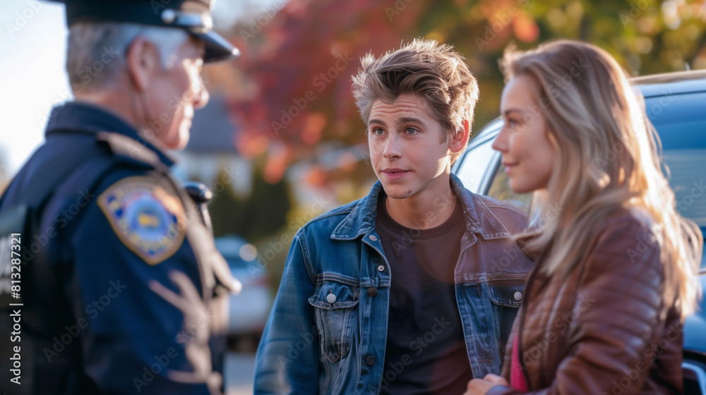 A young couple interacts with a police officer on a sunny day, with a focus on community engagement