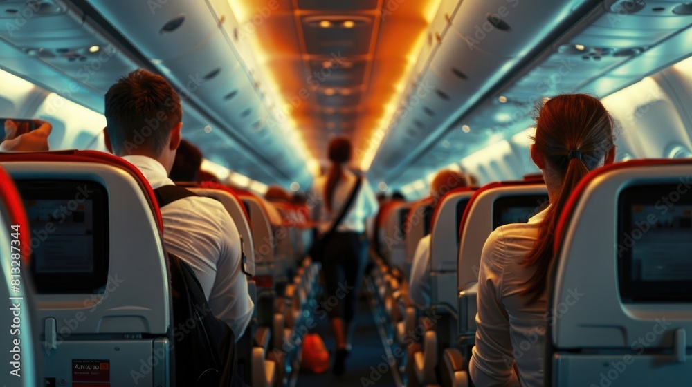 Interior of airplane with passengers on seats and stewardess in uniform walking the aisle, serving people, Commercial economy flight service concept, blur view, aesthetic look