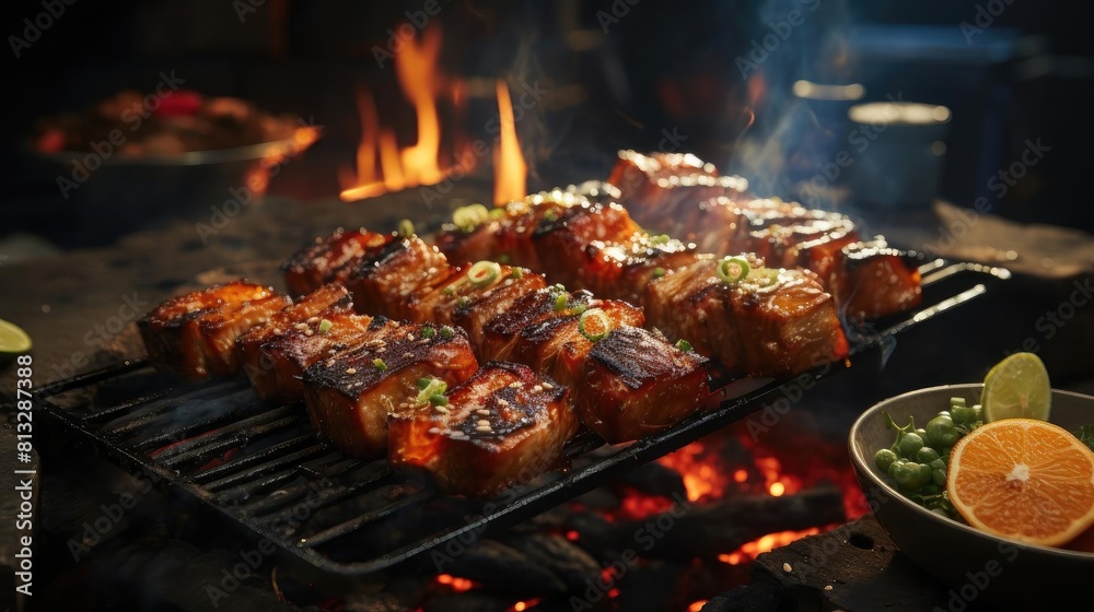 Delicious grilled yakitori with vegetable toppings, blur background Delicious grilled yakitori with vegetable toppings, blur background