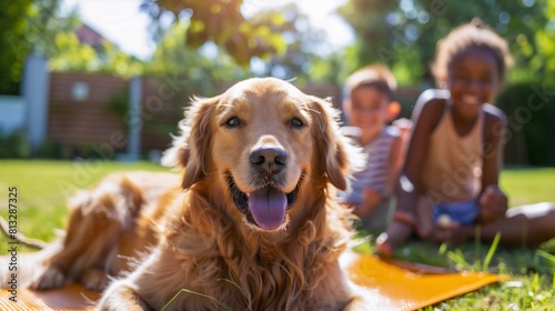 Golden Retriever resting on a cooling mat, enjoying summer with smiling Caucasian and African American children blurred in background