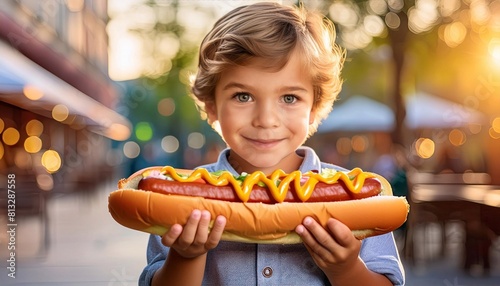 little boy holding a huge hot dog