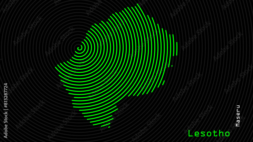 A map of Lesotho, with a dark background and the country's outline in the shape of a colored spiral, centered around the capital. A simple sketch of the country.