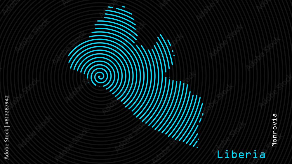 A map of Liberia, with a dark background and the country's outline in the shape of a colored spiral, centered around the capital. A simple sketch of the country.