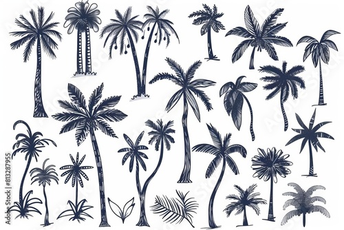 exotic palm trees doodle set with various shapes and styles hand drawn vector illustration