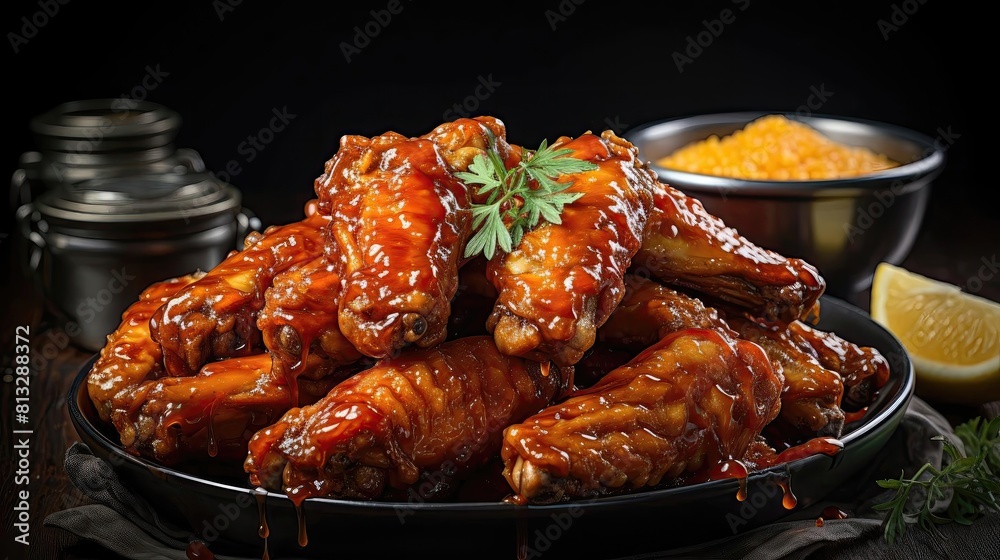 Buffalo wings with melted hot sauce on a wooden table with a blurred background Buffalo wings with melted hot sauce on a wooden table with a blurred background