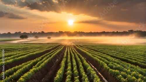 Raingun sprinklers and irrigation systems on agricultural soybean fields help plants develop throughout the dry season and boost crop production. Gorgeous sunset on the landscape. AI that is generativ