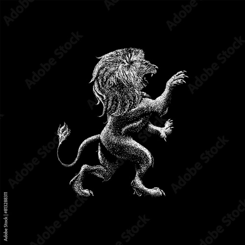 Lion hand drawing vector isolated on black background.