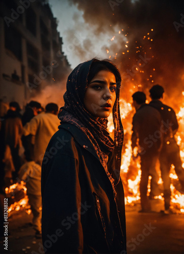 group of people in the night, Dark aesthetic photo an Iranian girl amidst a chaotic street protest in Tehran The scene is filled  © Asad